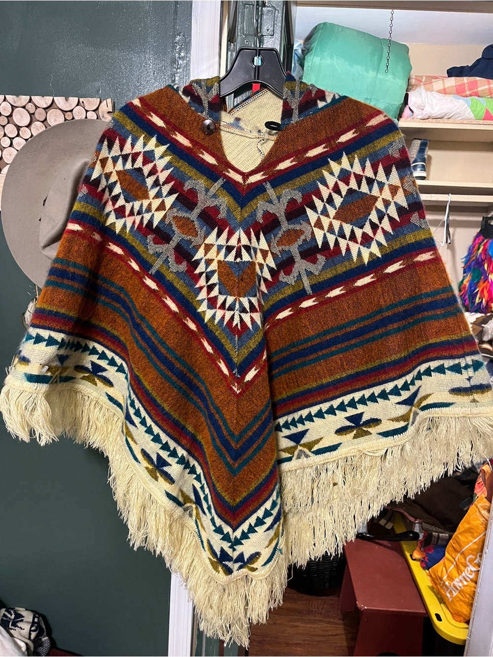 Southwestern Fringe Poncho - Rust, Cream, Blue Geometric